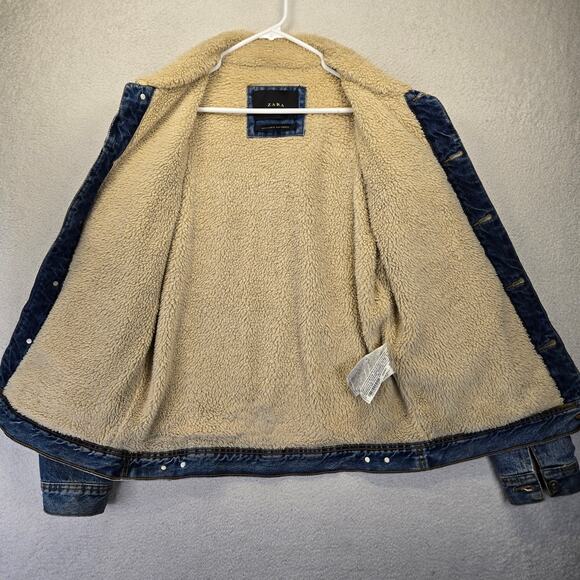 Zara Denim Sherpa Jacket Mens L Blue Fleece Lined Trucker Jean Jacket Coat - Picture 4 of 14